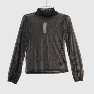 Topshop Black Metallic Sheer Long Sleeve Turtleneck Blouse Womens Size 12